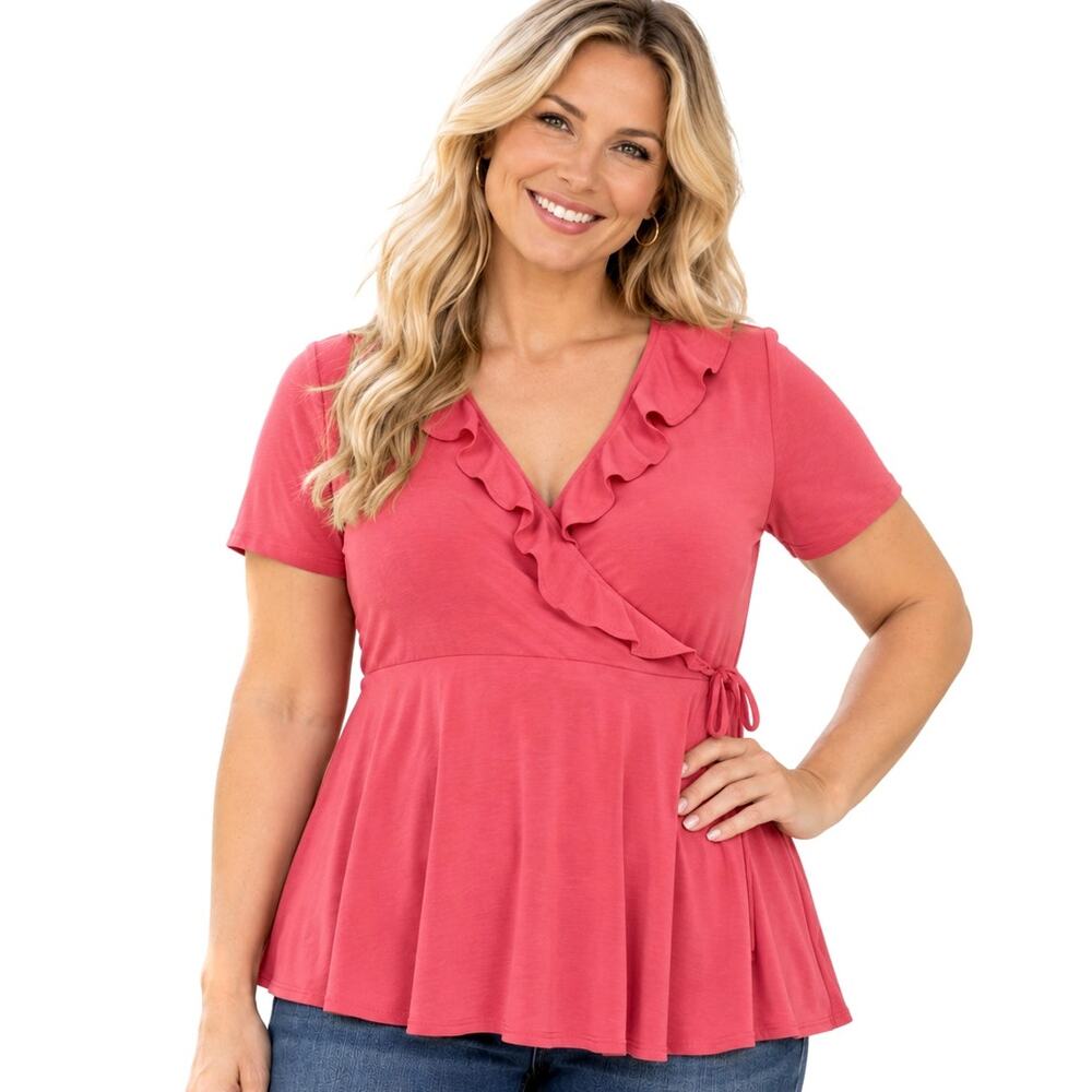 Torrid Studio Knit Rose Surplice Ruffle Wrap Top Womens Size 2X Rose Babydoll